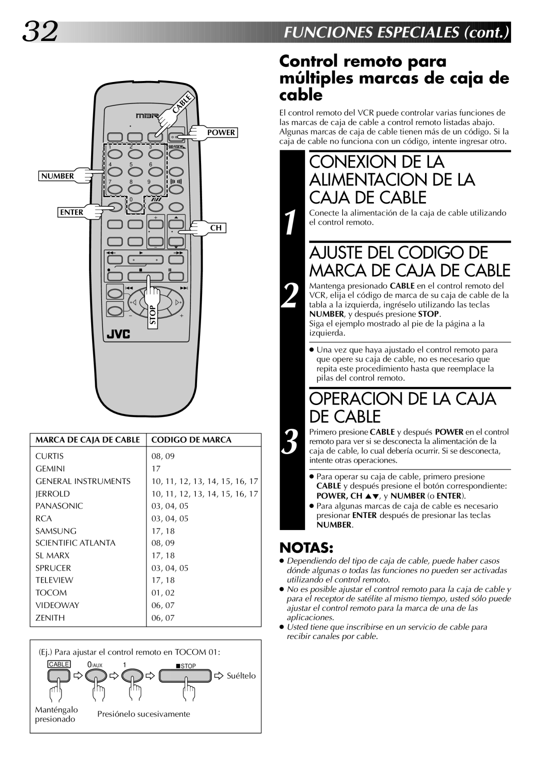 JVC HR-J4404UM manual Conexion DE LA Alimentacion DE LA Caja DE Cable, Operacion DE LA Caja DE Cable 