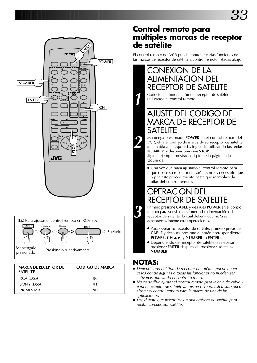 JVC HR-J4404UM Conexion DE LA Alimentacion DEL Receptor DE Satelite, Ajuste DEL Codigo DE Marca DE Receptor DE Satelite 