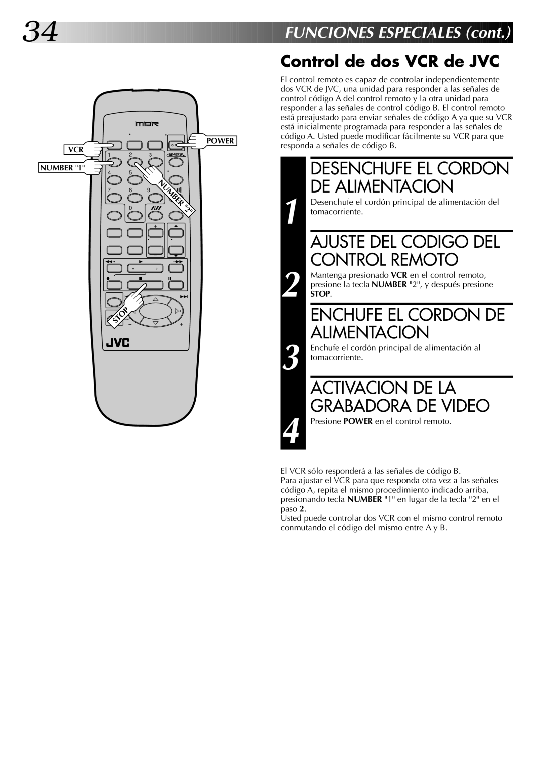 JVC HR-J4404UM manual DE Alimentacion, Control Remoto, Activacion DE LA, Grabadora DE Video 