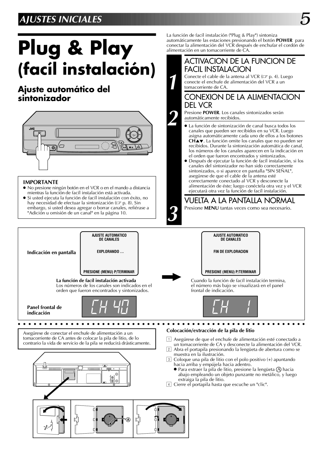 JVC HR-J4404UM manual Plug & Play, Ajustes Iniciales, Indicación en pantalla, Panel frontal de indicación 