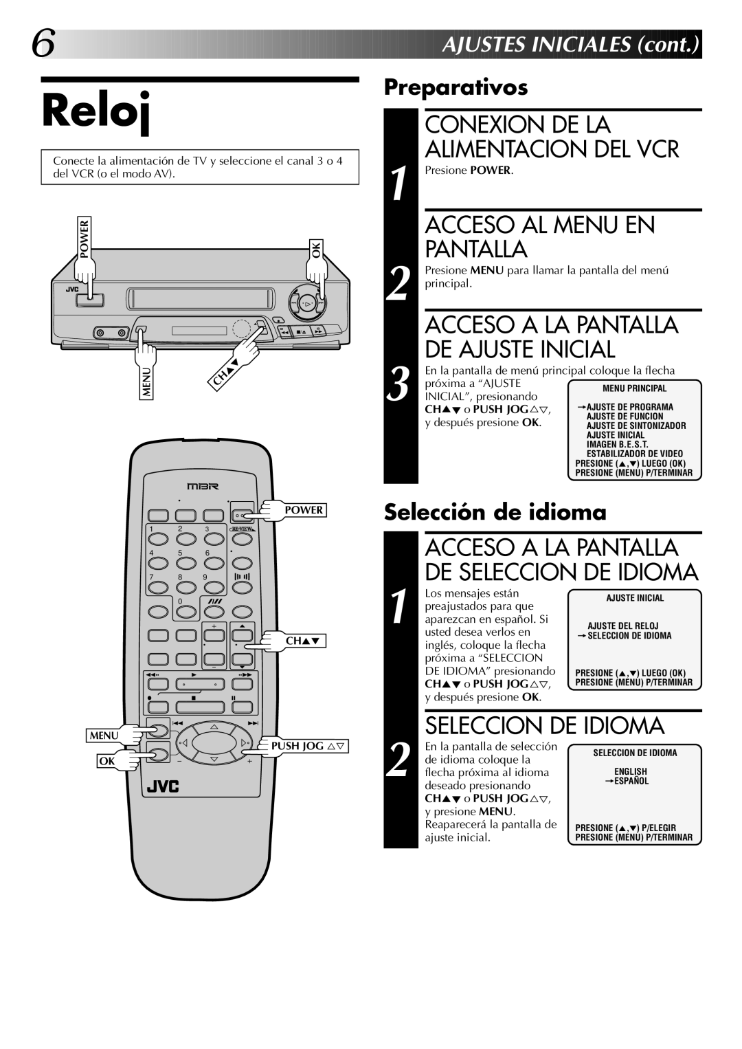 JVC HR-J4404UM manual Reloj, Conexion DE LA, Acceso AL Menu EN, Pantalla, Seleccion DE Idioma 