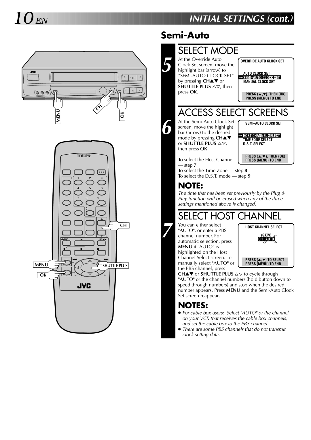 JVC HR-J443U instruction manual Select Mode, Access Select Screens, Select Host Channel, Semi-Auto 