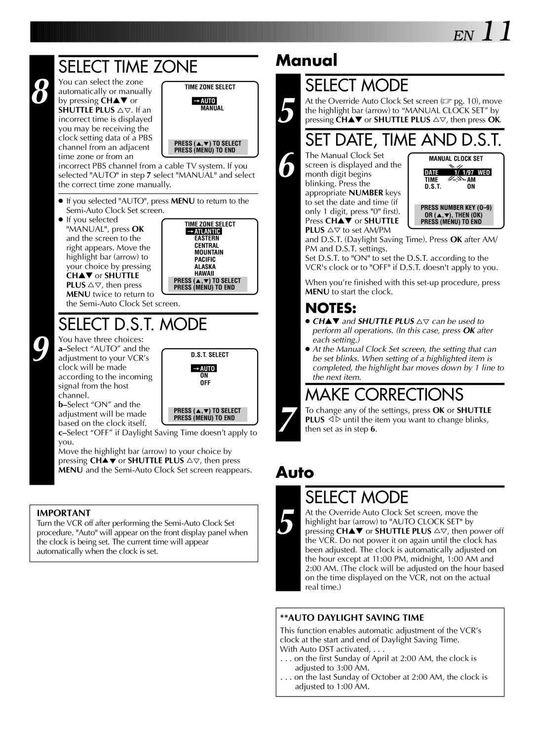 JVC HR-J443U instruction manual Select Time Zone, Select D.S.T. Mode, Make Corrections, Manual, Auto 