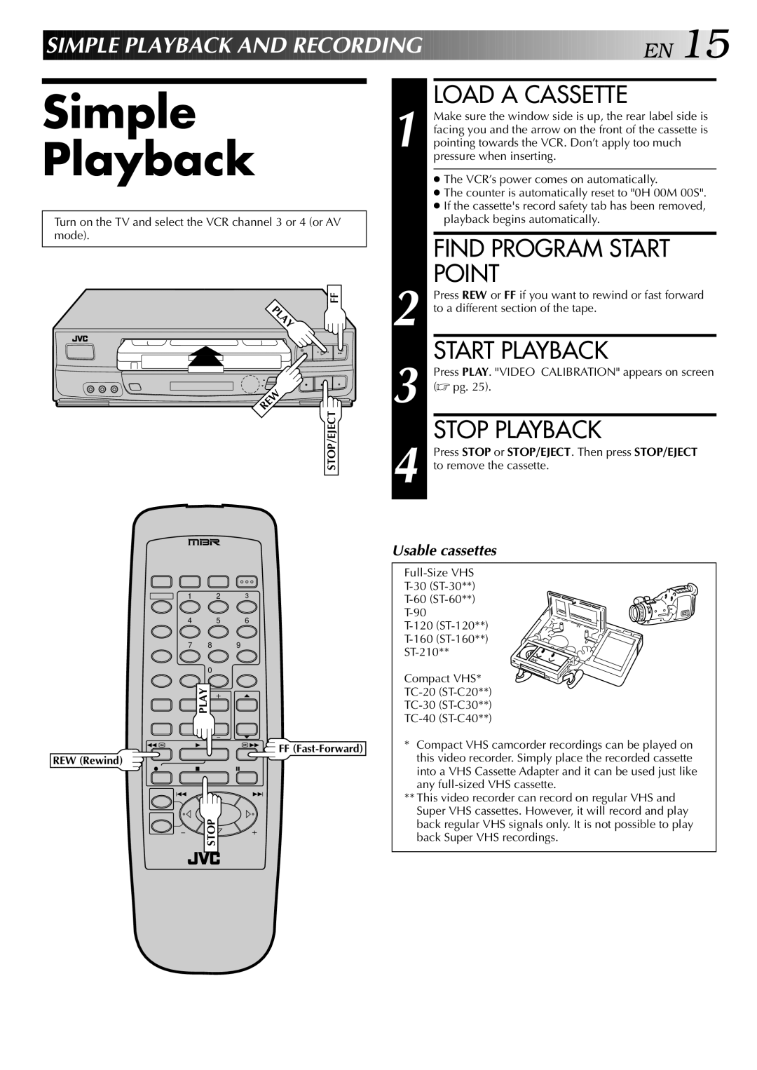 JVC HR-J443U instruction manual Simple Playback, Load a Cassette, Find Program Start Point, Start Playback, Stop Playback 