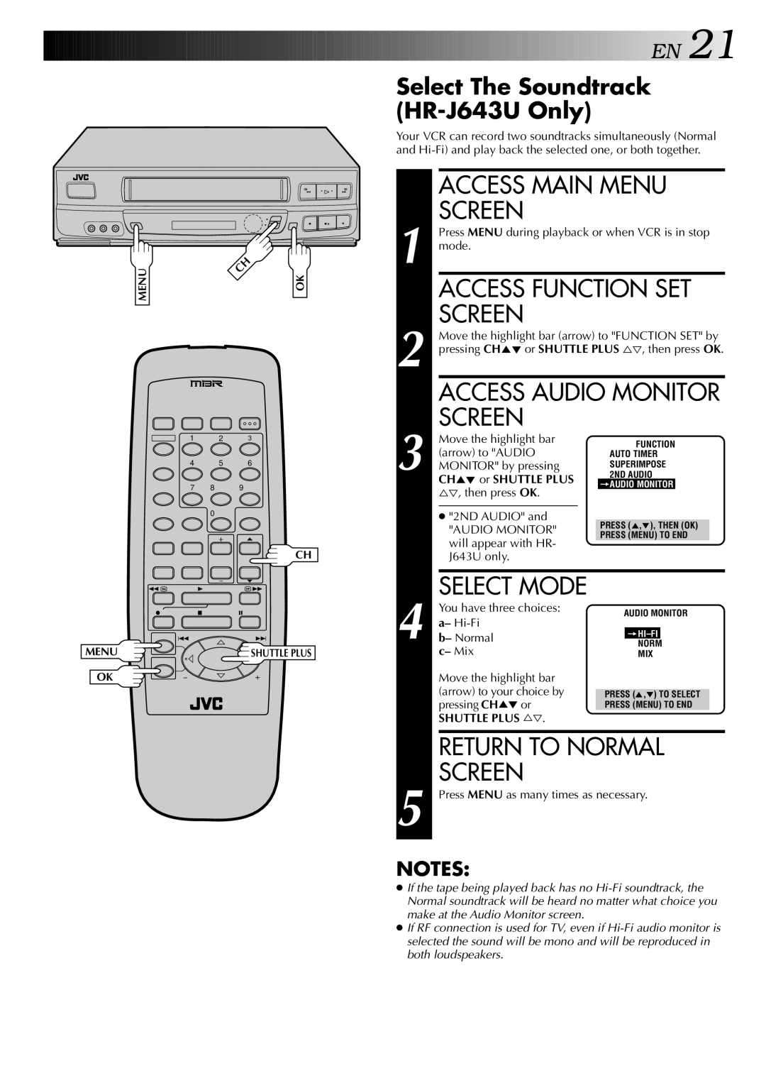 JVC HR-J443U instruction manual Access Audio Monitor, Select The Soundtrack HR-J643U Only, Mix 