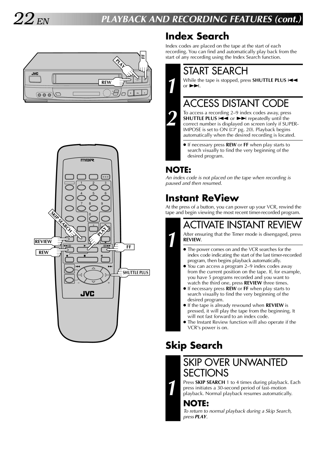 JVC HR-J443U instruction manual Start Search, Access Distant Code, Skip Over Unwanted Sections 