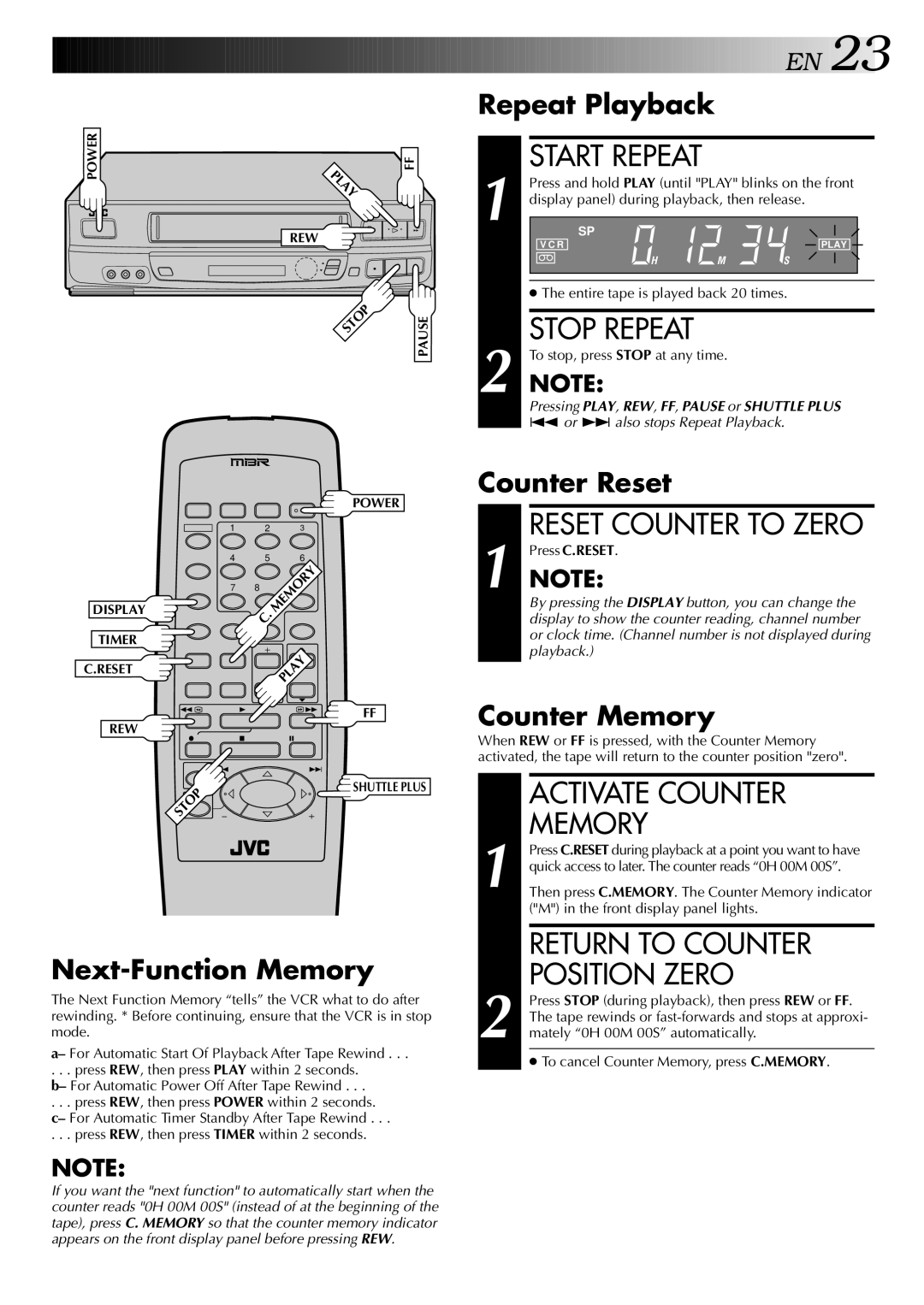 JVC HR-J443U instruction manual Activate Counter, Memory, Return to Counter Position Zero 