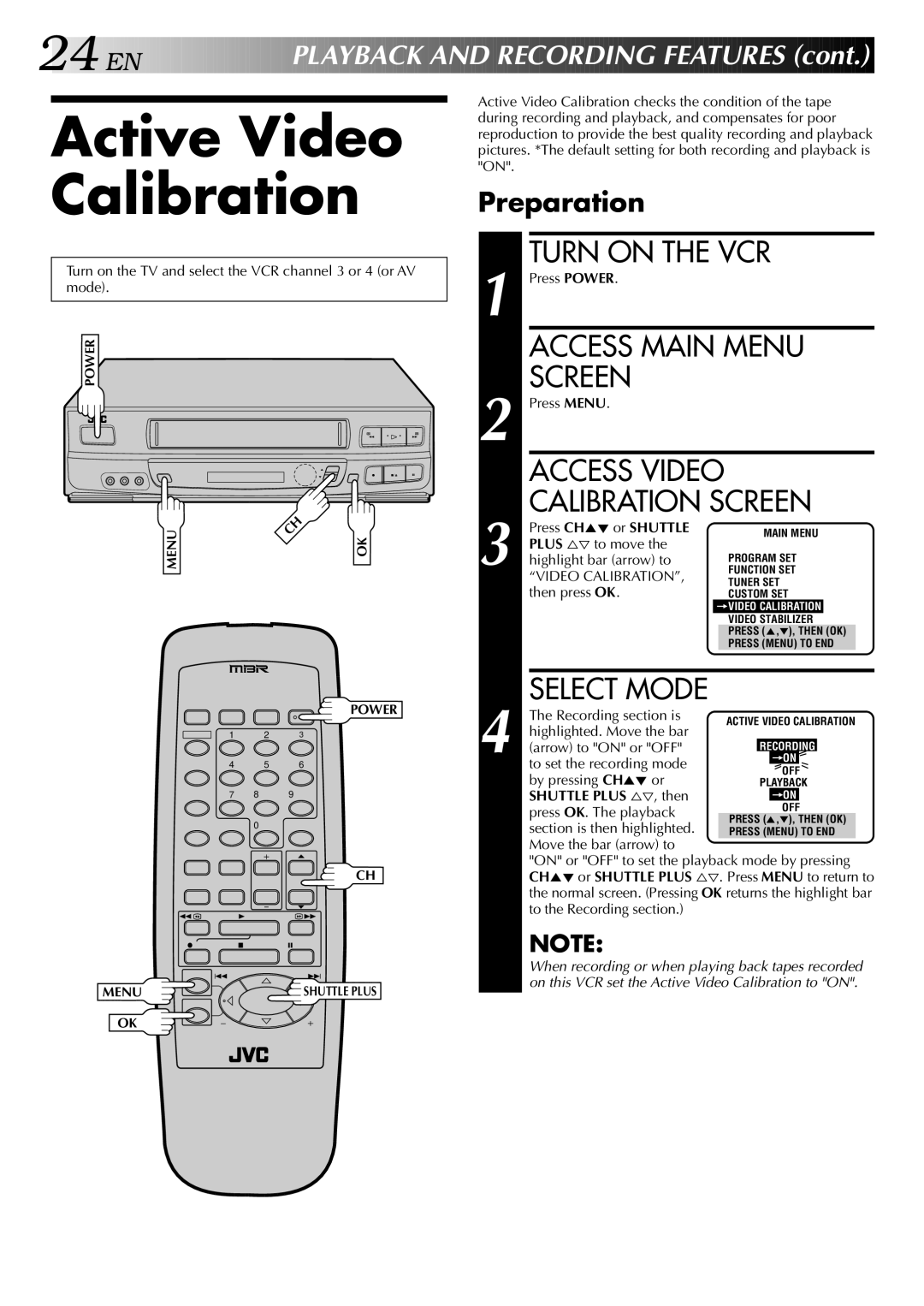 JVC HR-J443U instruction manual Active Video Calibration, Access Main Menu Screen, Access Video Calibration Screen 