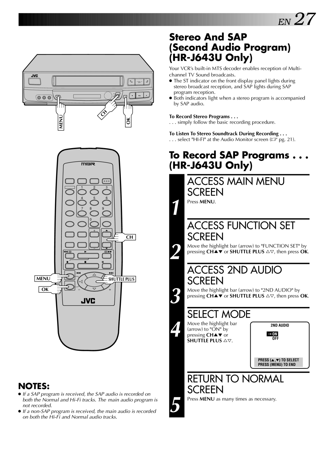 JVC HR-J443U Access 2ND Audio, Stereo And SAP Second Audio Program HR-J643U Only, To Record SAP Programs HR-J643U Only 