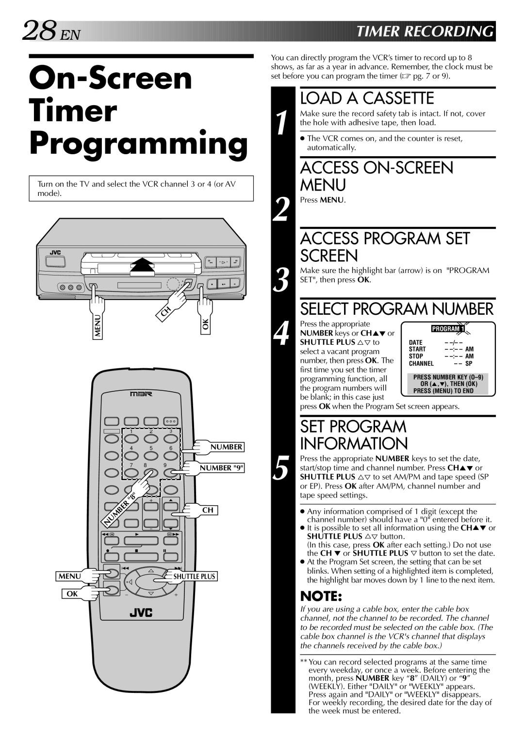 JVC HR-J443U On-Screen Timer Programming, Access Program SET, Information, EN Timer Recording, Shuttle Plus %Þto 