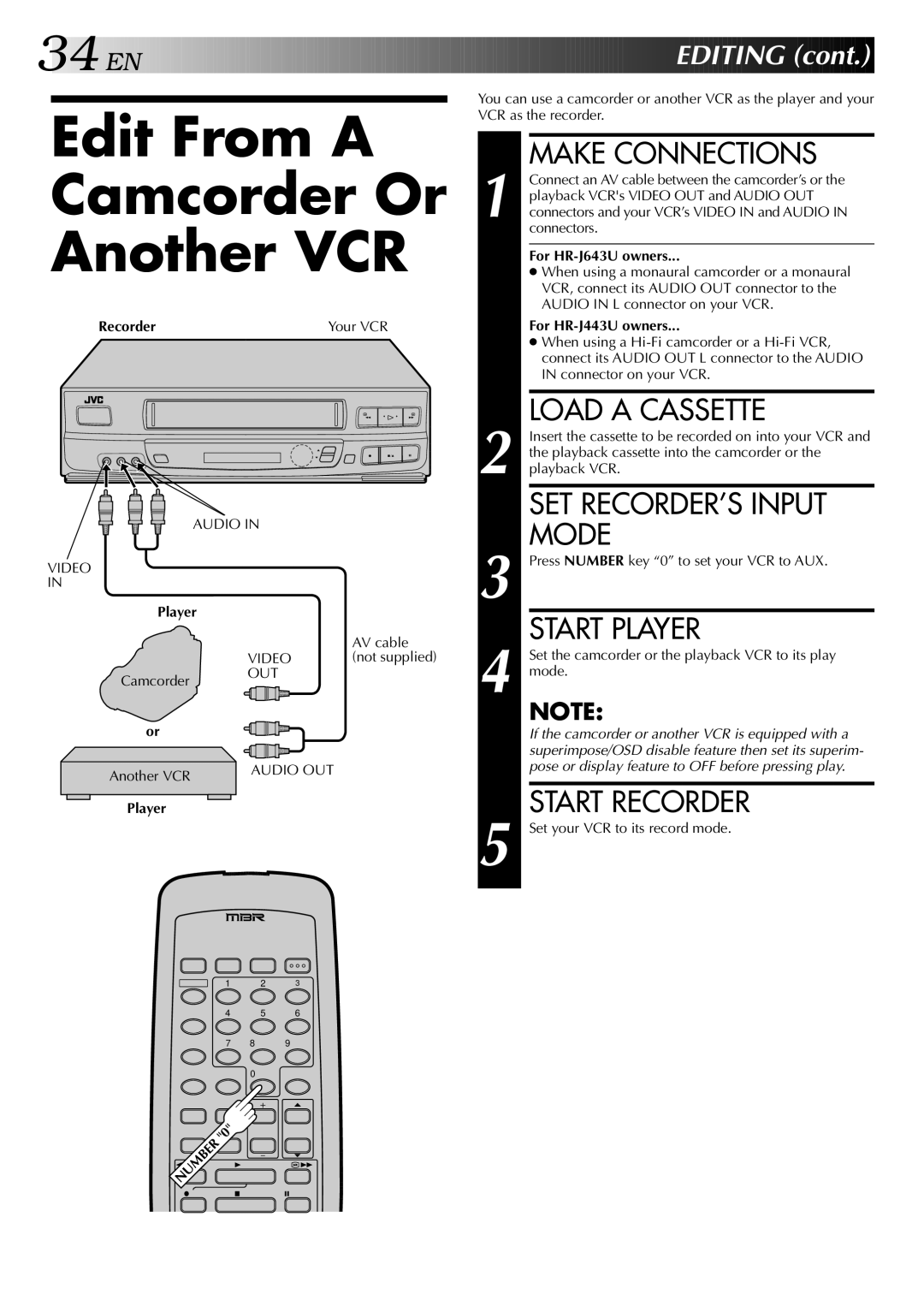 JVC HR-J443U instruction manual Edit From a Camcorder Or Another VCR, SET RECORDER’S Input Mode, Player 