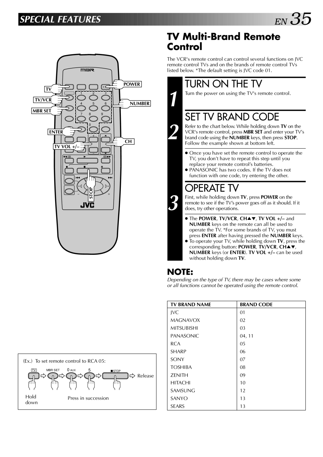 JVC HR-J443U Turn on the TV, SET TV Brand Code, Operate TV, Special Features, TV Multi-Brand Remote Control 