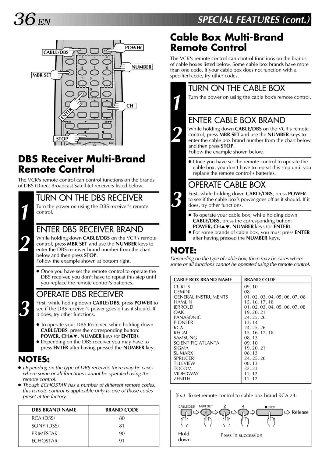 JVC HR-J443U instruction manual Cable Box Multi-Brand, DBS Receiver Multi-Brand Remote Control 