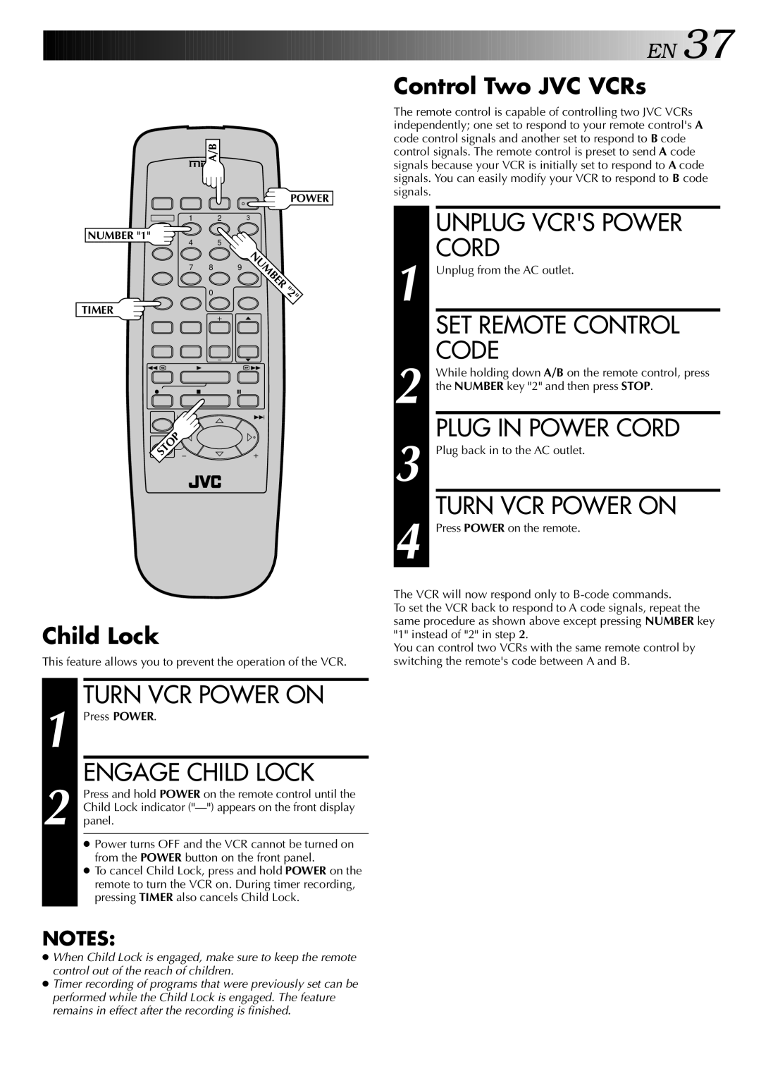 JVC HR-J443U Unplug Vcrs Power, SET Remote Control, Code, Plug in Power Cord, Turn VCR Power on, Engage Child Lock 