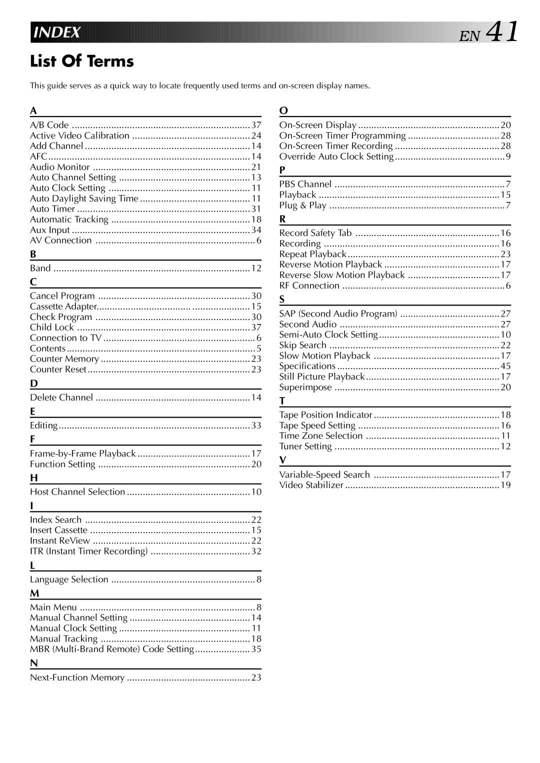 JVC HR-J443U instruction manual Index, List Of Terms, MBR Multi-Brand Remote Code Setting 