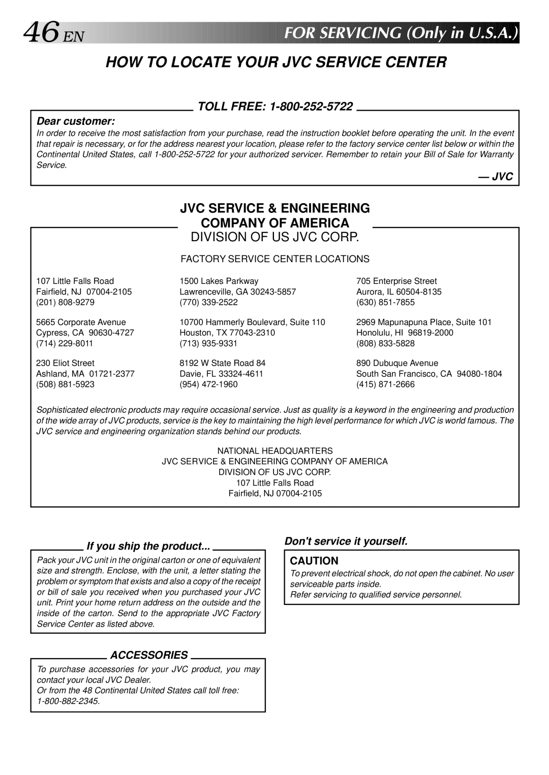 JVC HR-J443U instruction manual For Servicing Only in U.S.A, HOW to Locate Your JVC Service Center 