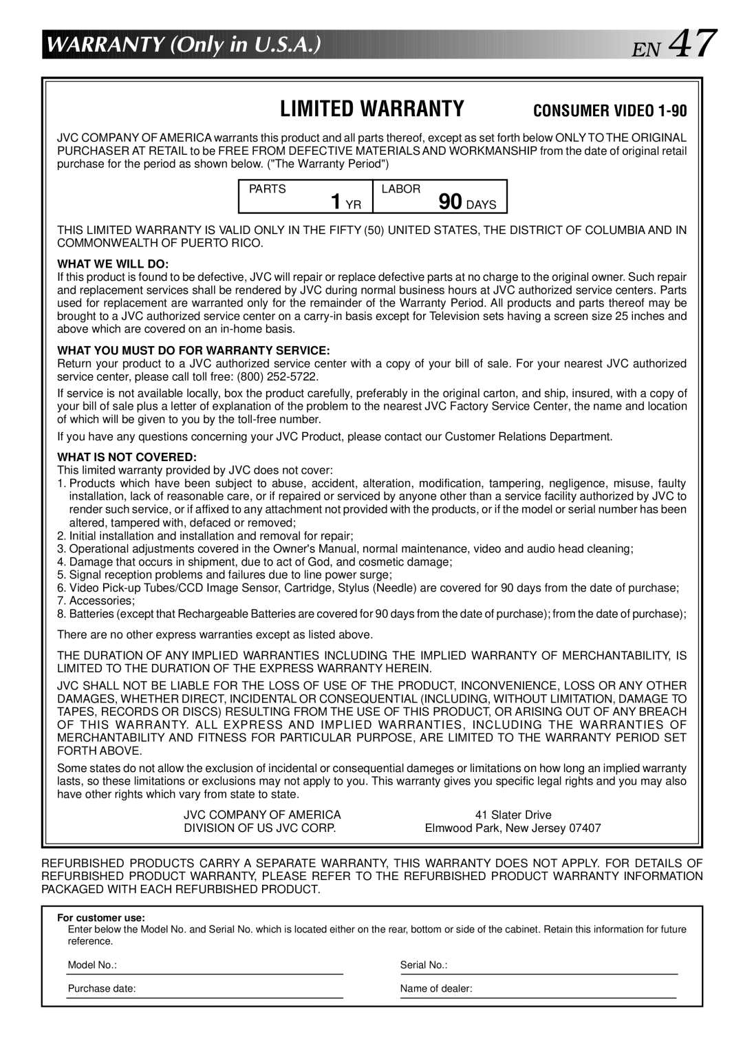 JVC HR-J443U instruction manual Warranty Only in U.S.A, Limited Warranty 