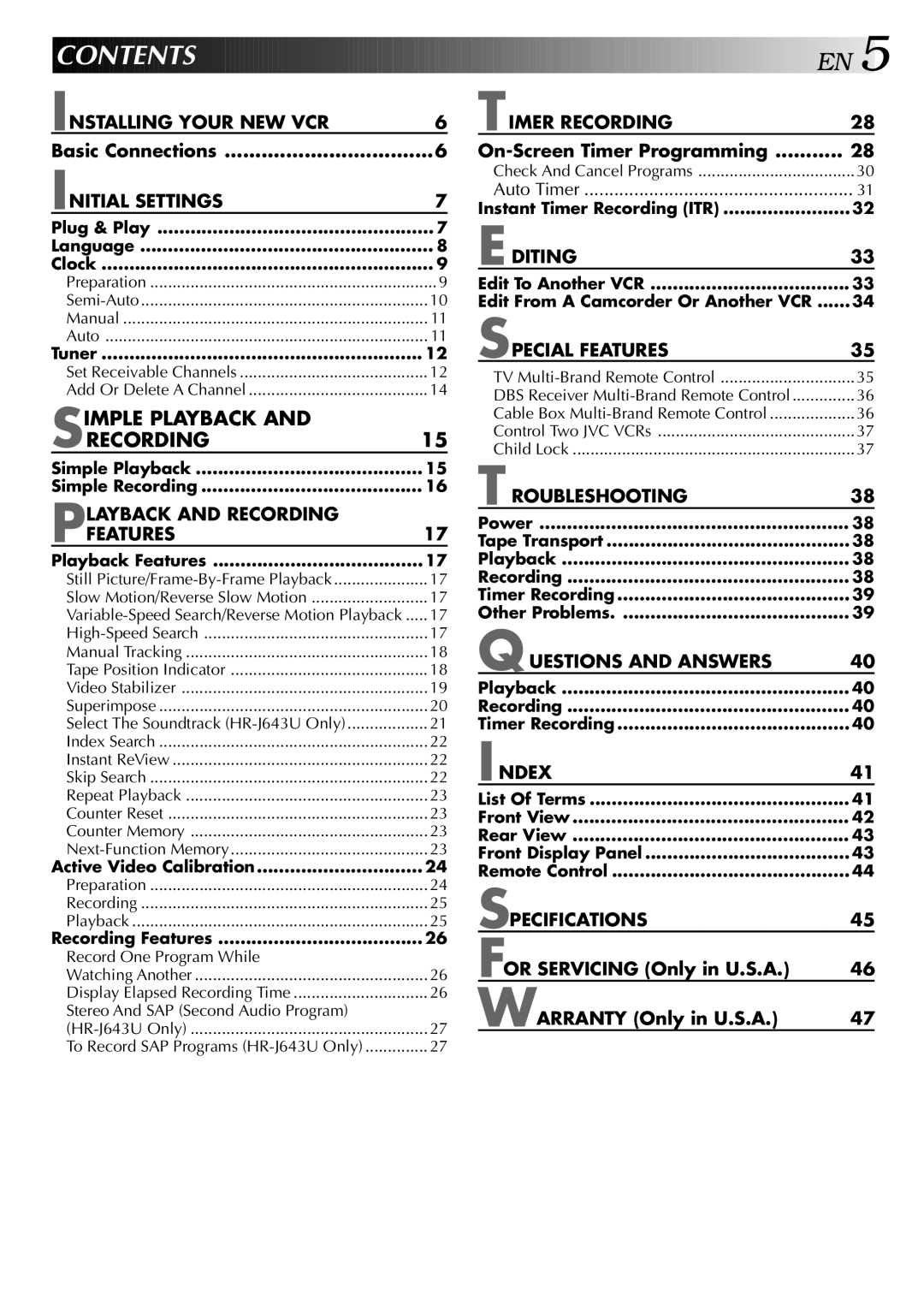 JVC HR-J443U instruction manual Contents 