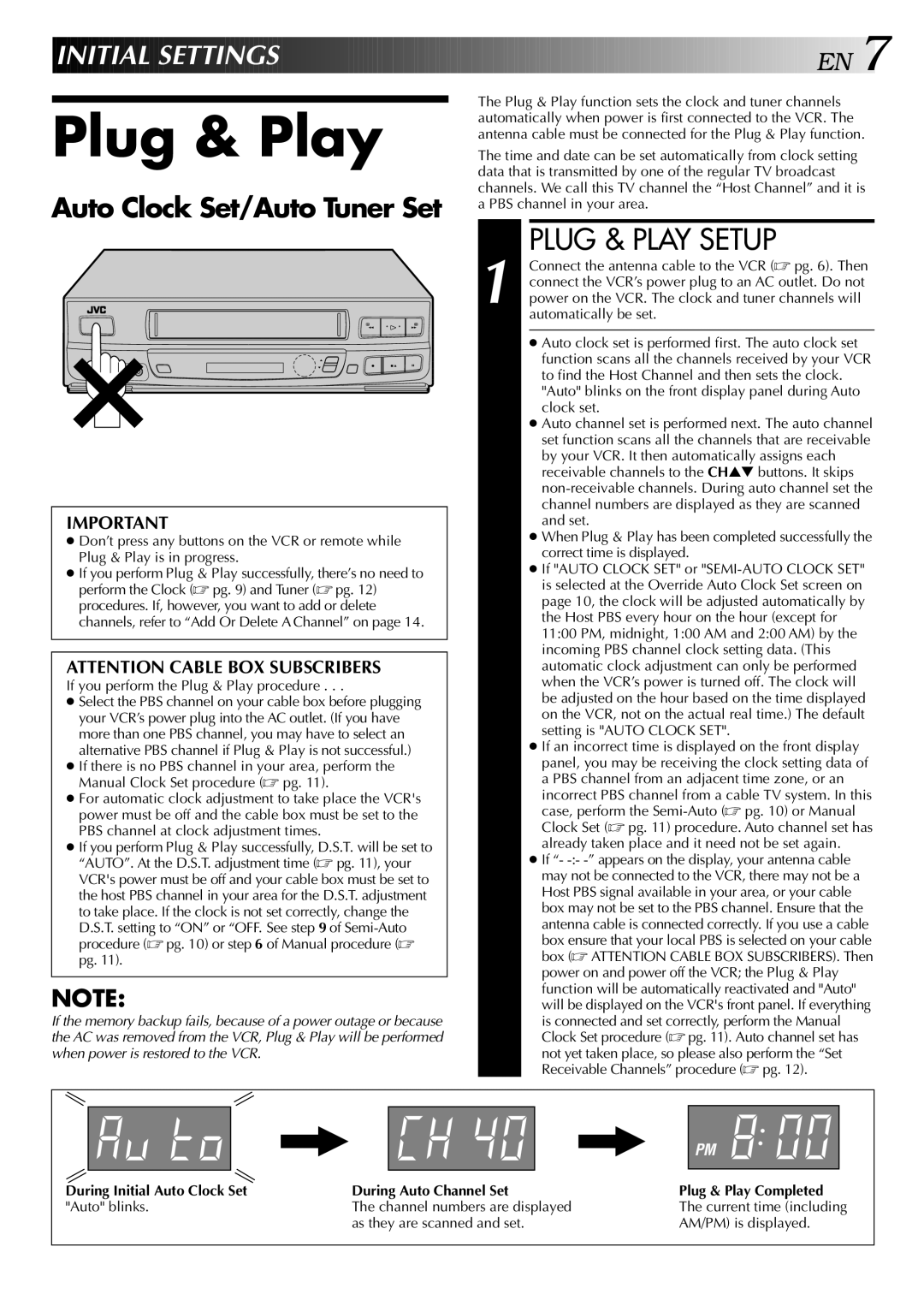 JVC HR-J443U instruction manual Plug & Play Setup, Initial Settings, Auto Clock Set/Auto Tuner Set 