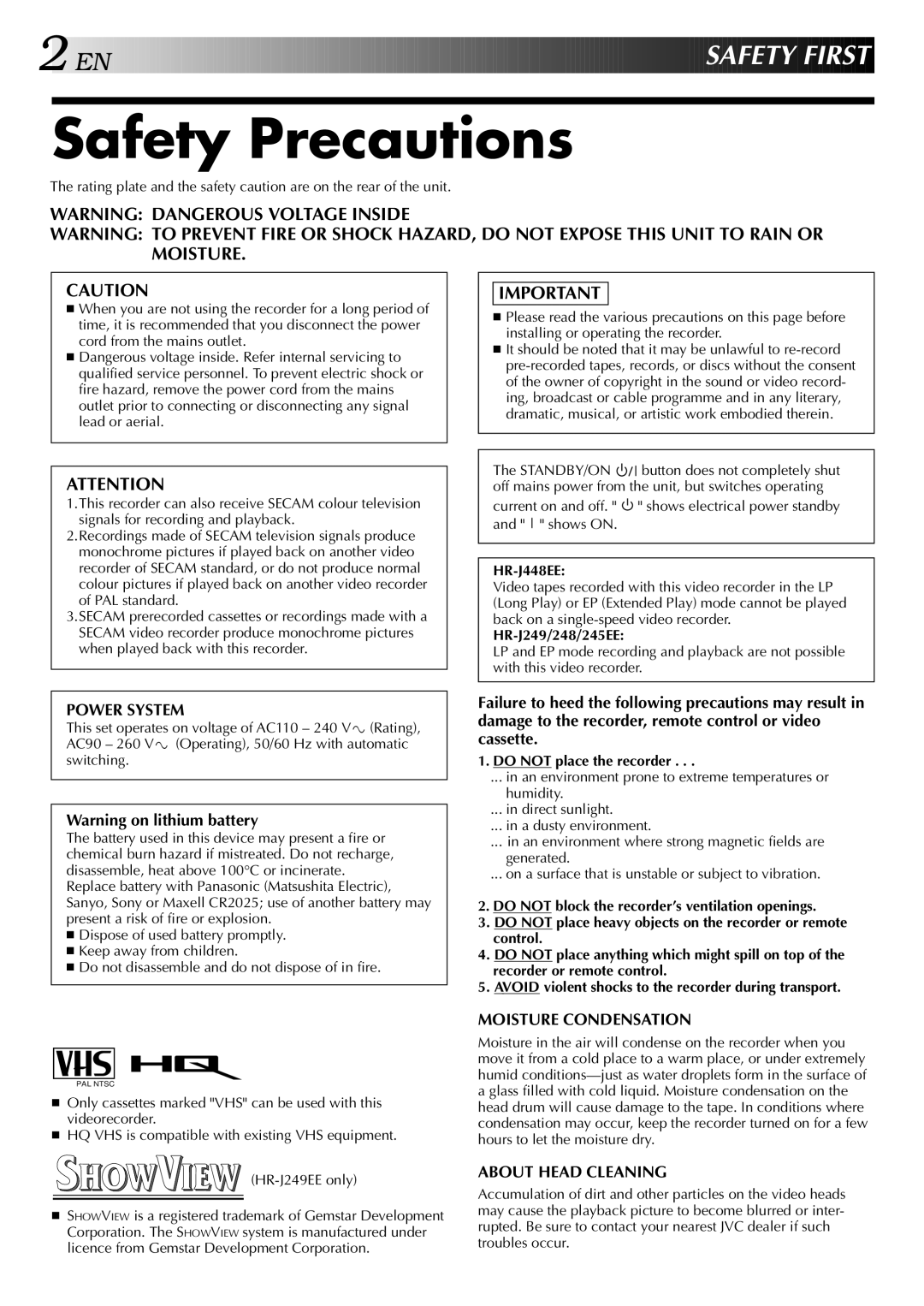 JVC HR-J245EE, HR-J249EE, HR-J248EE Safety Precautions, HR-J448EE, HR-J249/248/245EE, Do not place the recorder 