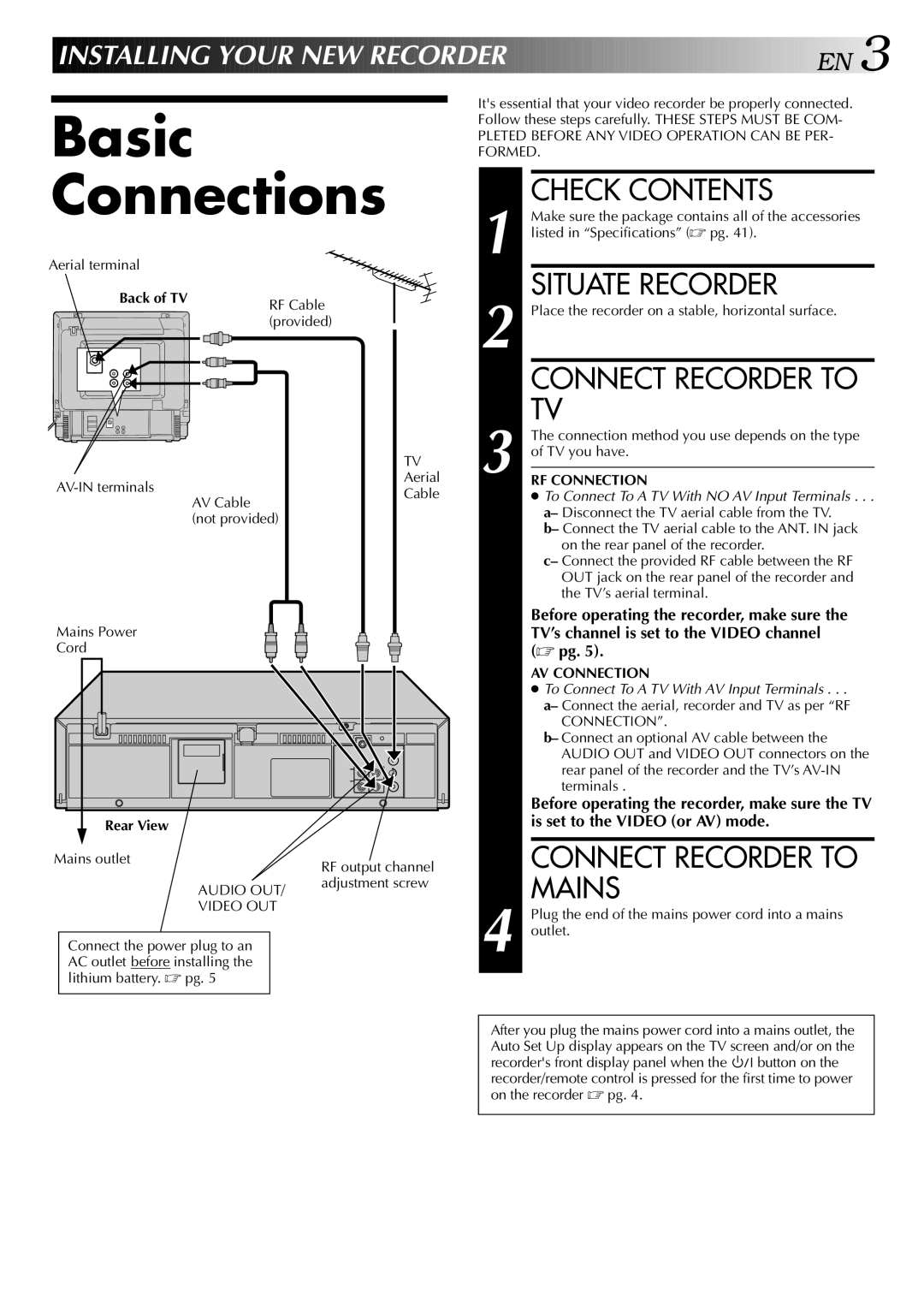 JVC HR-J248EE, HR-J448EE, HR-J249EE Basic Connections, Check Contents, Situate Recorder, Connect Recorder to Mains 