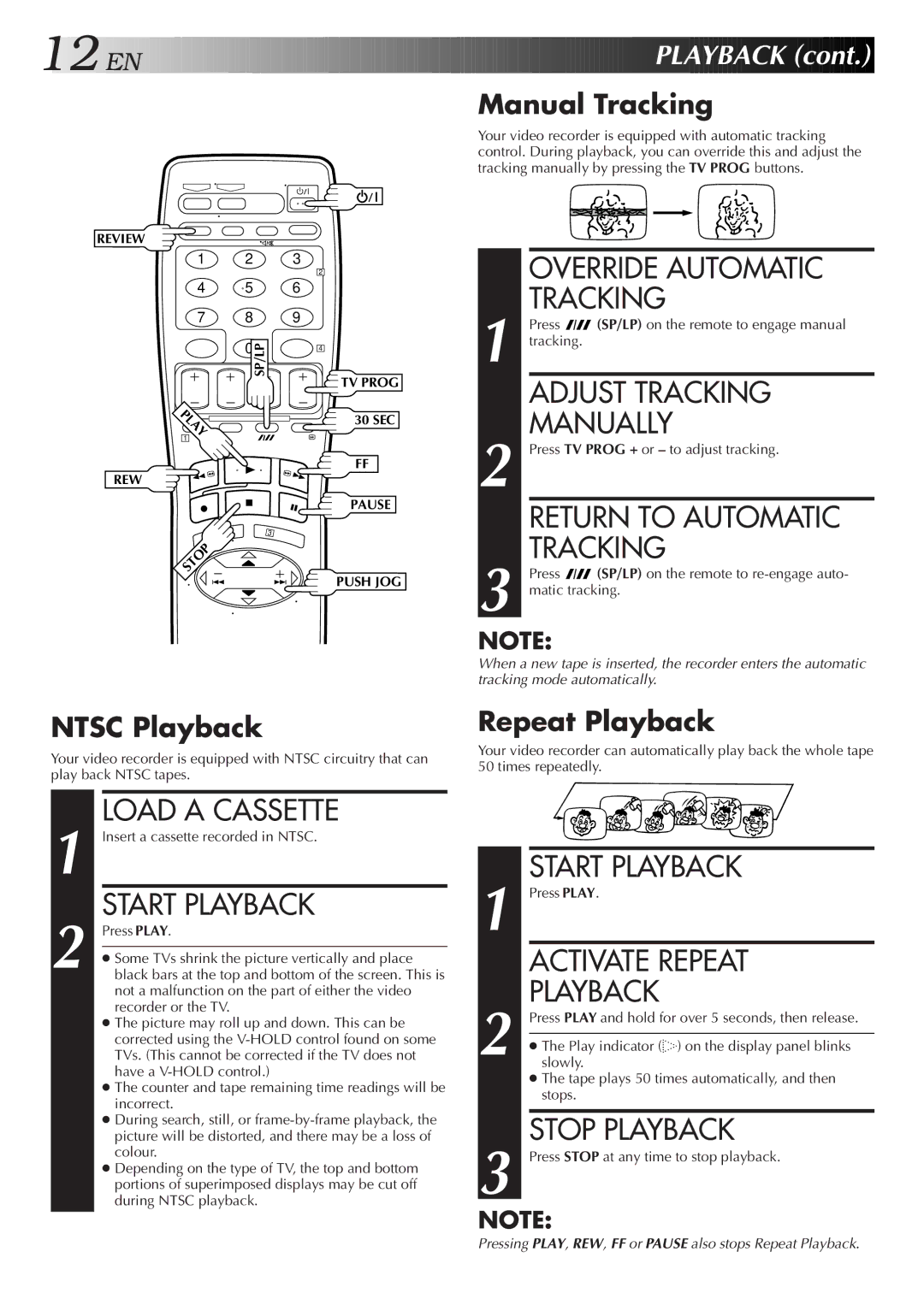 JVC HR-J455EA specifications Adjust Tracking Manually, Return to Automatic Tracking, Activate Repeat, EN Playback 