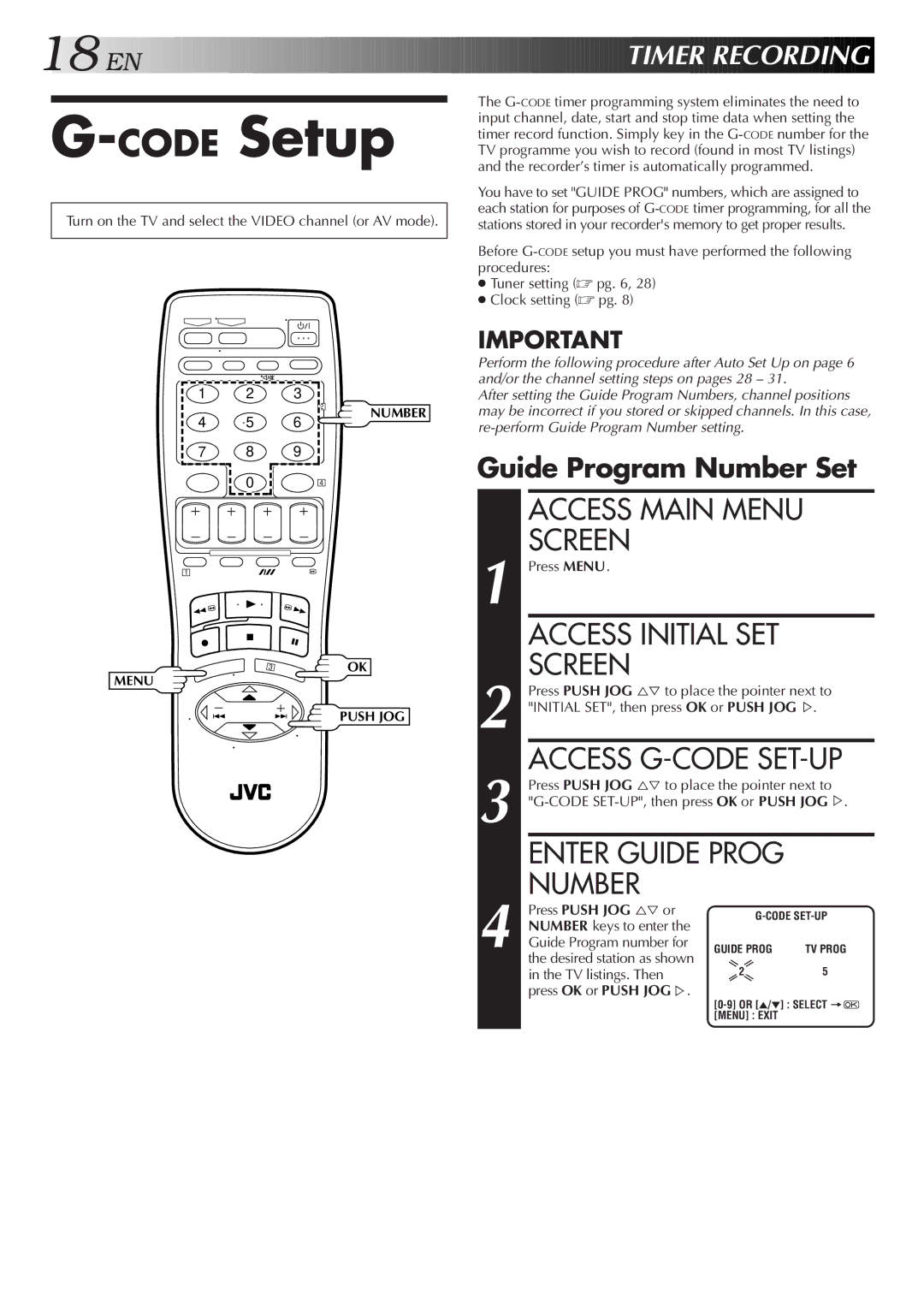 JVC HR-J455EA specifications CODESetup, Access Initial SET Screen, Access G-CODE SET-UP, Number, EN Timer Recording 