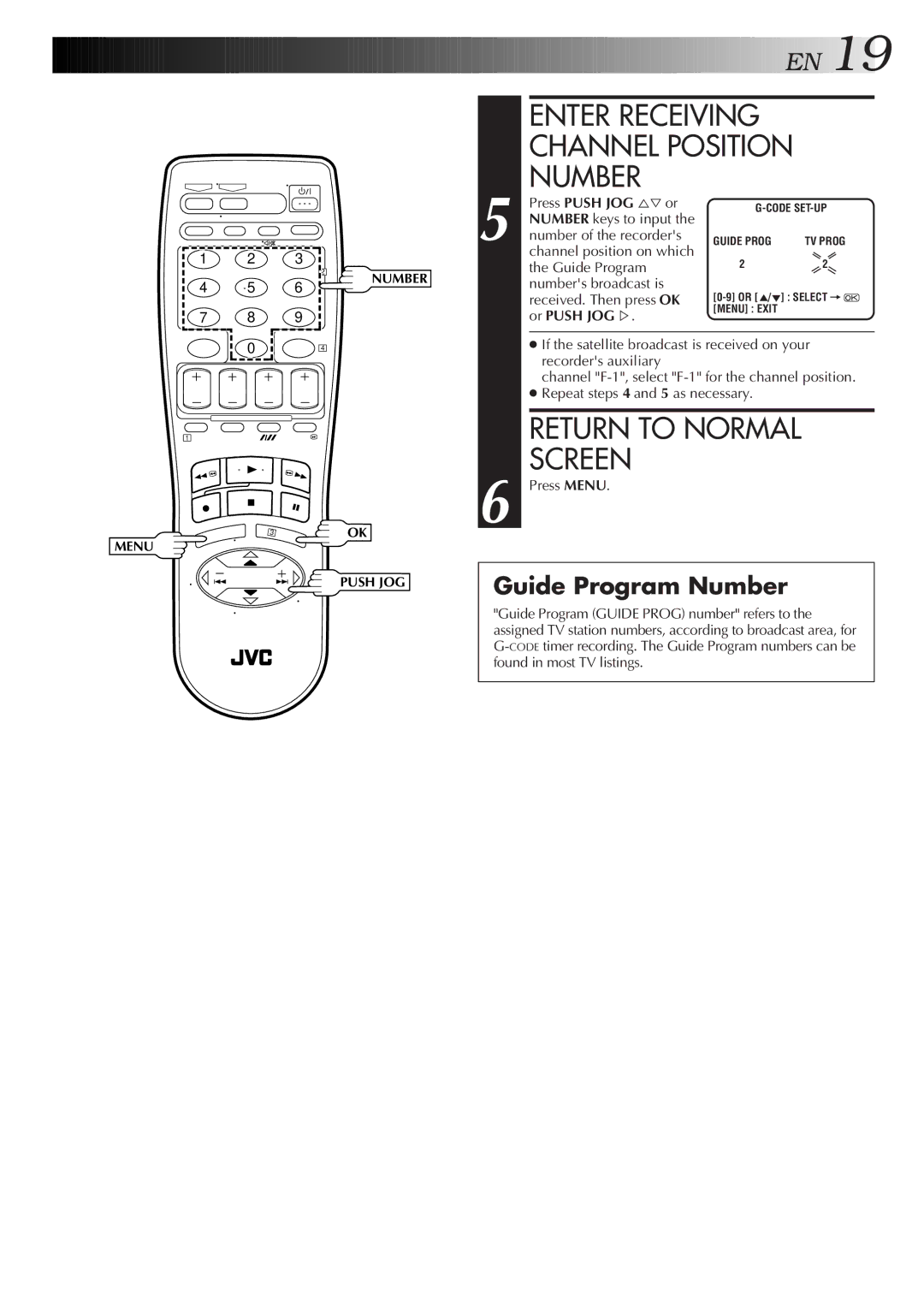 JVC HR-J455EA specifications Enter Receiving Channel Position Number, Return to Normal Screen, Press Push JOG %Þor 