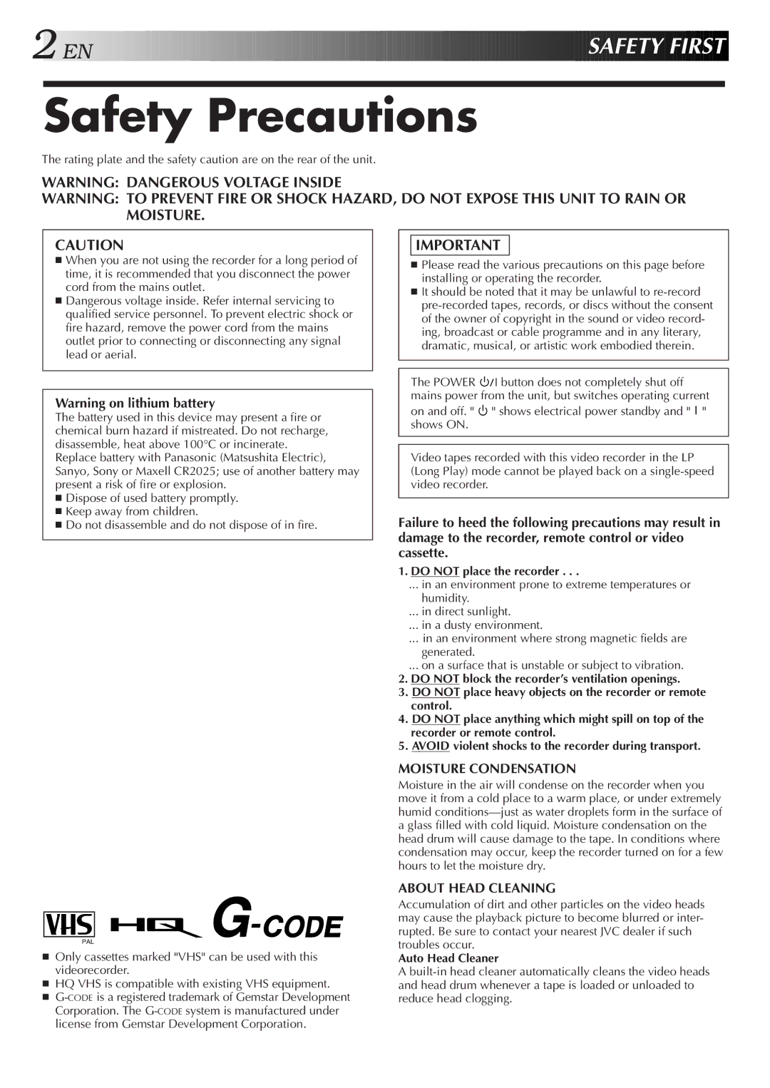 JVC HR-J455EA specifications Safety Precautions, Do not place the recorder, Auto Head Cleaner 