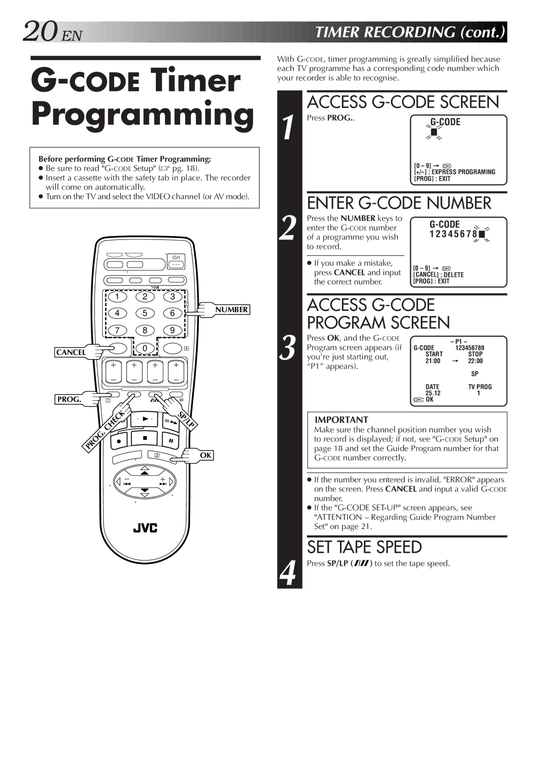 JVC HR-J455EA specifications CODETimer Programming, Access G-CODE Screen, Enter G-CODE Number 