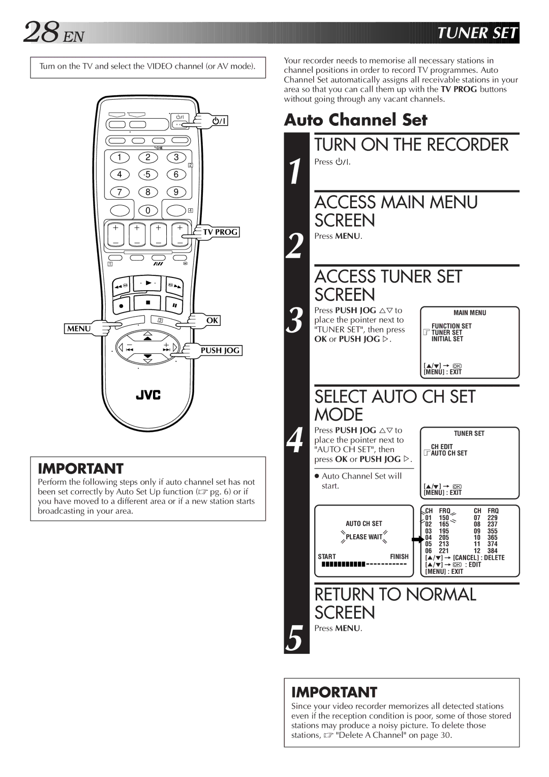 JVC HR-J455EA specifications Access Main Menu, Access Tuner SET, Select Auto CH SET, EN Tuner SET 