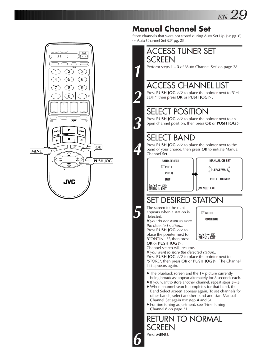 JVC HR-J455EA Access Channel List, Select Position, SET Desired Station, Manual Channel Set, OK or Push JOG Þ 