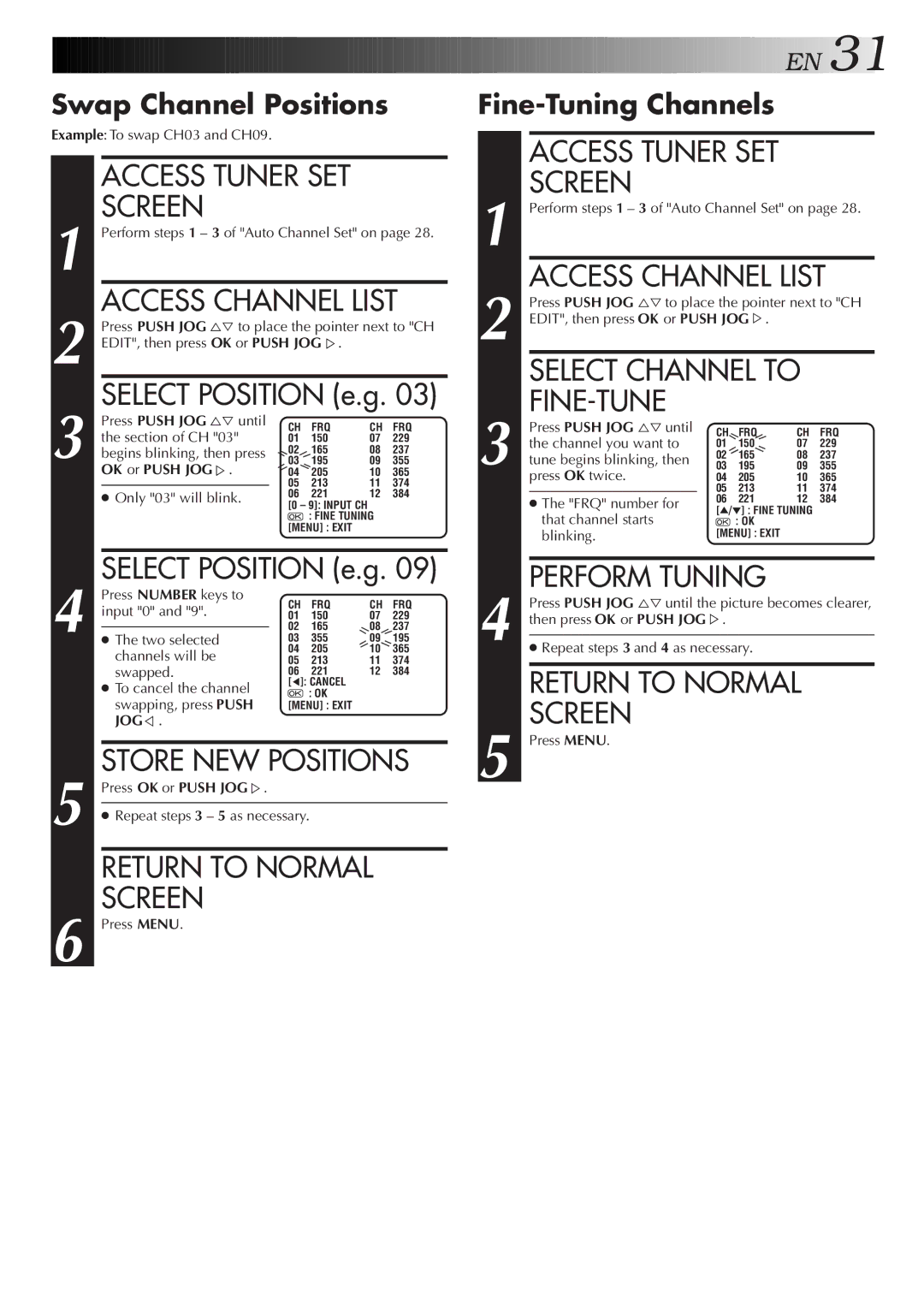 JVC HR-J455EA specifications Access Channel List, Store NEW Positions, Fine-Tune, Perform Tuning 