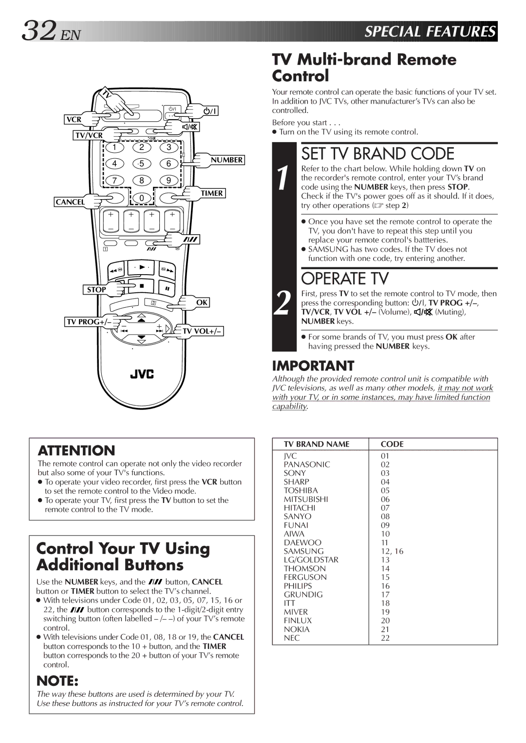 JVC HR-J455EA specifications SET TV Brand Code, Operate TV, EN Special Feat Ures, TV Multi-brand Remote Control 