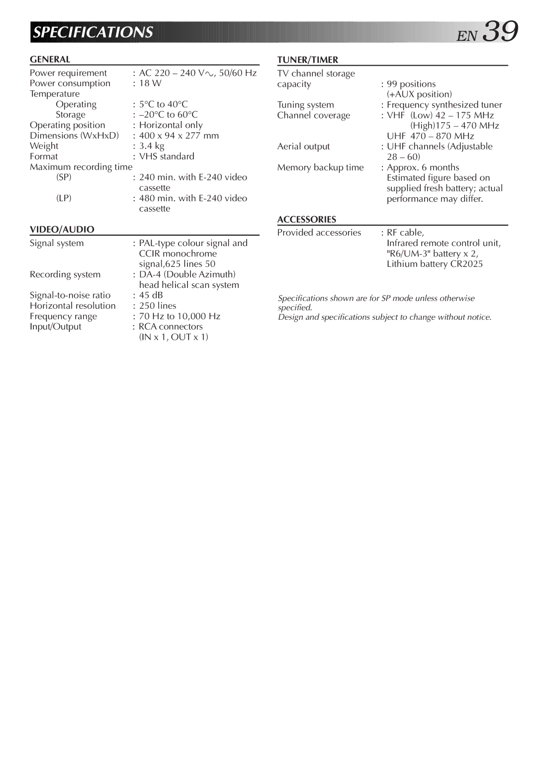 JVC HR-J455EA specifications Specification S, General 