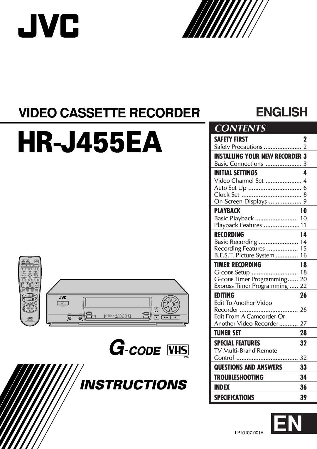 JVC HR-J455EA specifications Video Cassette Recorder, Instructions, English, Contents 