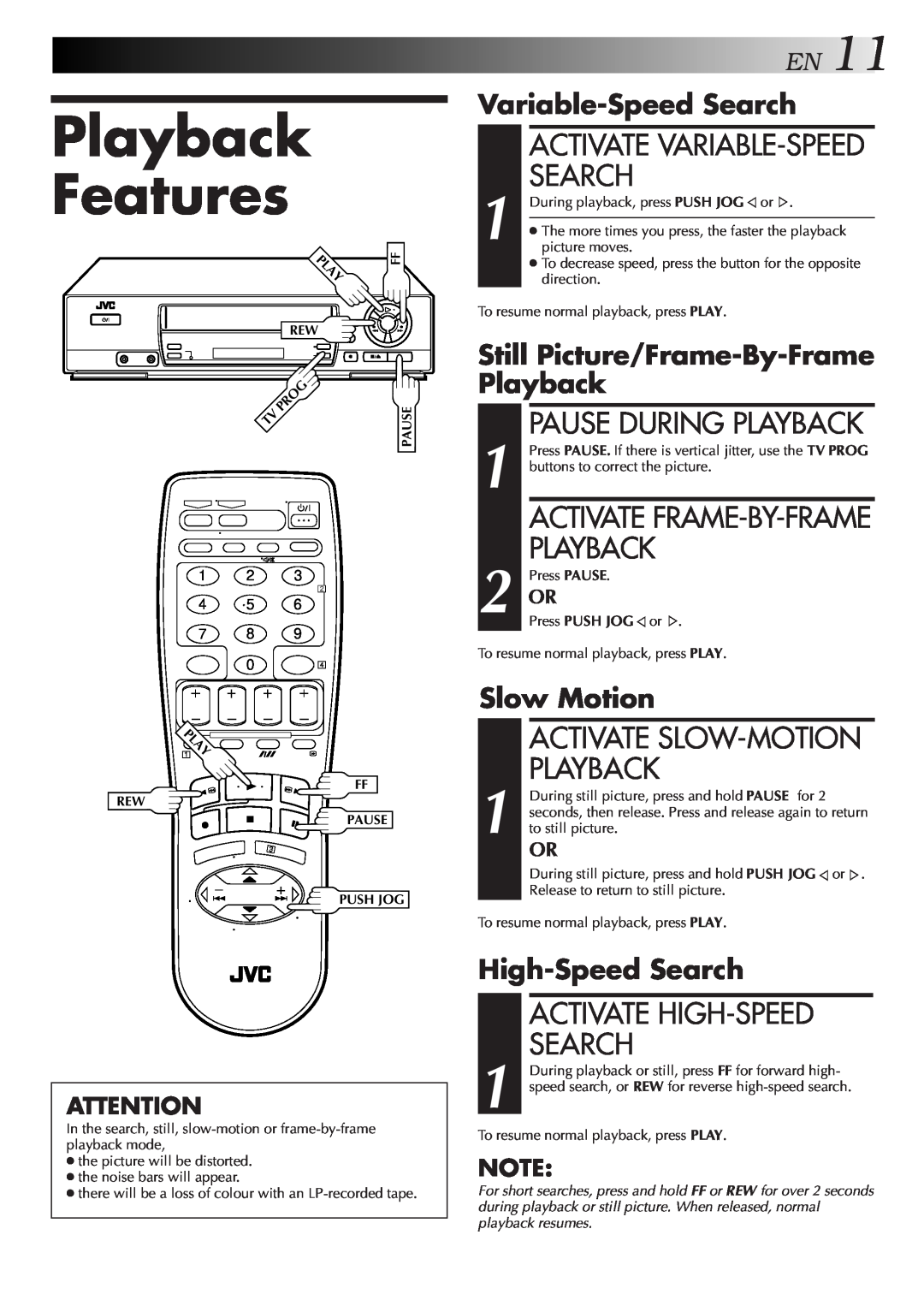 JVC HR-J455EA Playback Features, EN11, Activate Slow-Motion Playback, Activate High-Speed Search, Slow Motion 