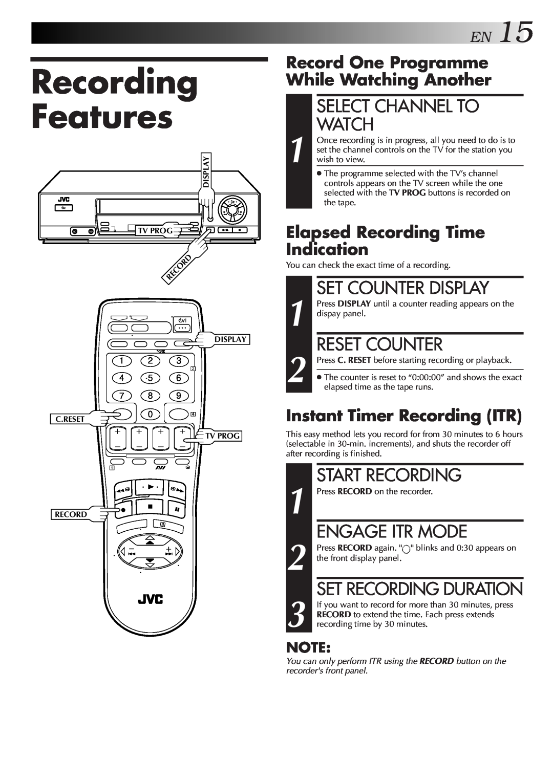JVC HR-J455EA Recording Features, EN15, Select Channel To Watch, Set Counter Display, Reset Counter, Engage Itr Mode 