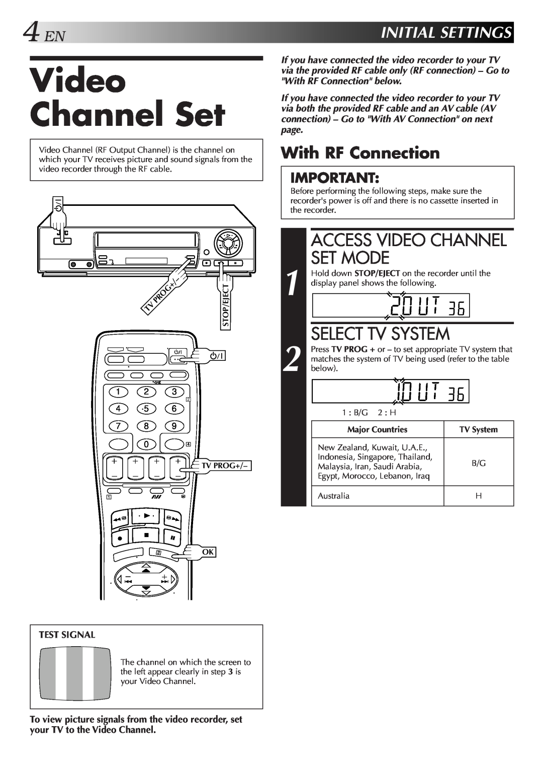 JVC HR-J455EA specifications Access Video Channel Set Mode, Select Tv System, 4ENINITIALSETTINGS, With RF Connection 