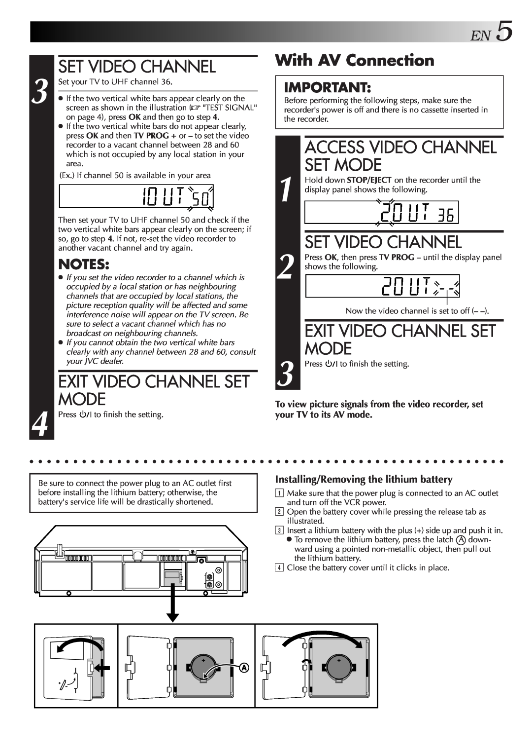 JVC HR-J455EA Set Video Channel, Exit Video Channel Set Mode, With AV Connection, Access Video Channel Set Mode 