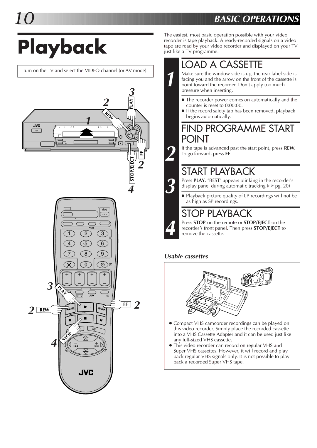 JVC HR-J255EK, HR-J455EK, HR-J255ES, HR-J256EK setup guide Load a Cassette, Point, Start Playback, Stop Playback 