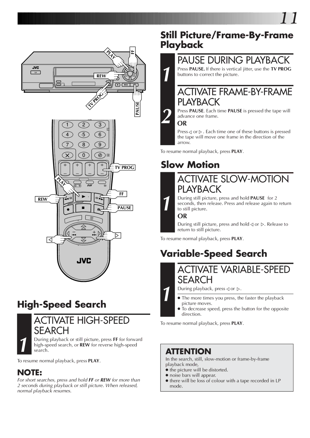 JVC HR-J256EK Still Picture/Frame-By-Frame Playback, Slow Motion, Variable-Speed Search High-Speed Search 