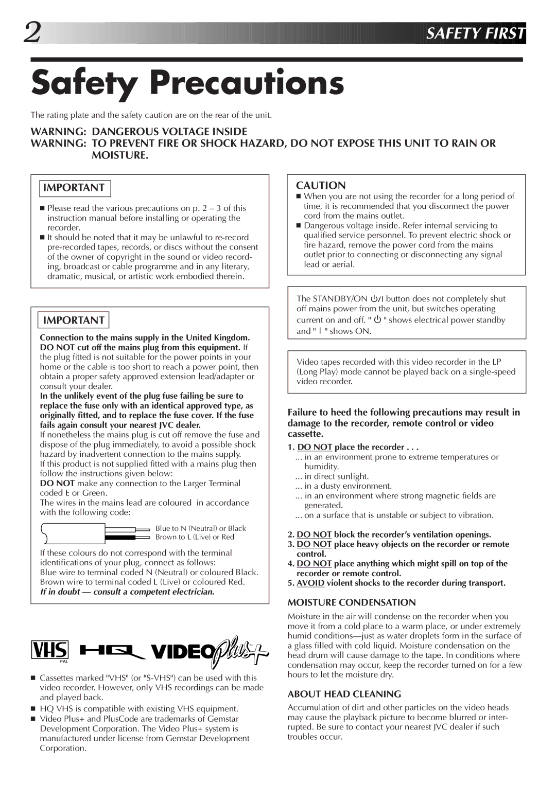 JVC HR-J255EK, HR-J455EK, HR-J255ES, HR-J256EK setup guide Safety Precautions, Do not place the recorder 