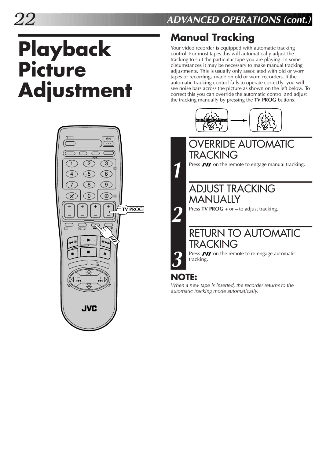 JVC HR-J255EK, HR-J455EK, HR-J255ES, HR-J256EK Playback Picture Adjustment, Adjust Tracking, Manually, Manual Tracking 