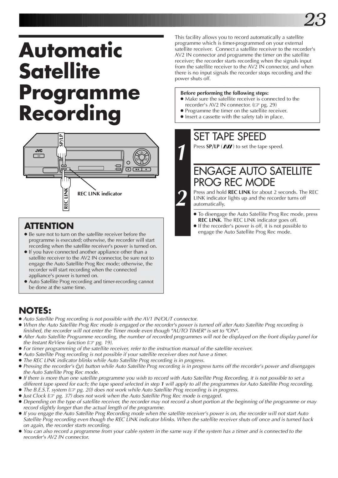 JVC HR-J256EK, HR-J455EK, HR-J255ES Automatic Satellite Programme Recording, Before performing the following steps 