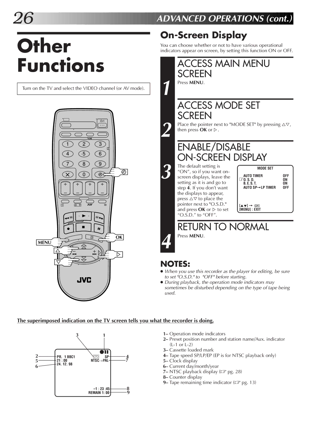 JVC HR-J255EK Other Functions, Access Main Menu Screen, Access Mode SET Screen, ENABLE/DISABLE ON-SCREEN Display 