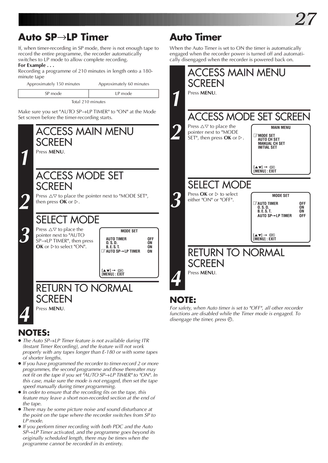 JVC HR-J256EK, HR-J455EK, HR-J255ES, HR-J255EK setup guide Return to Normal Screen, Auto SP→LP Timer, Auto Timer 