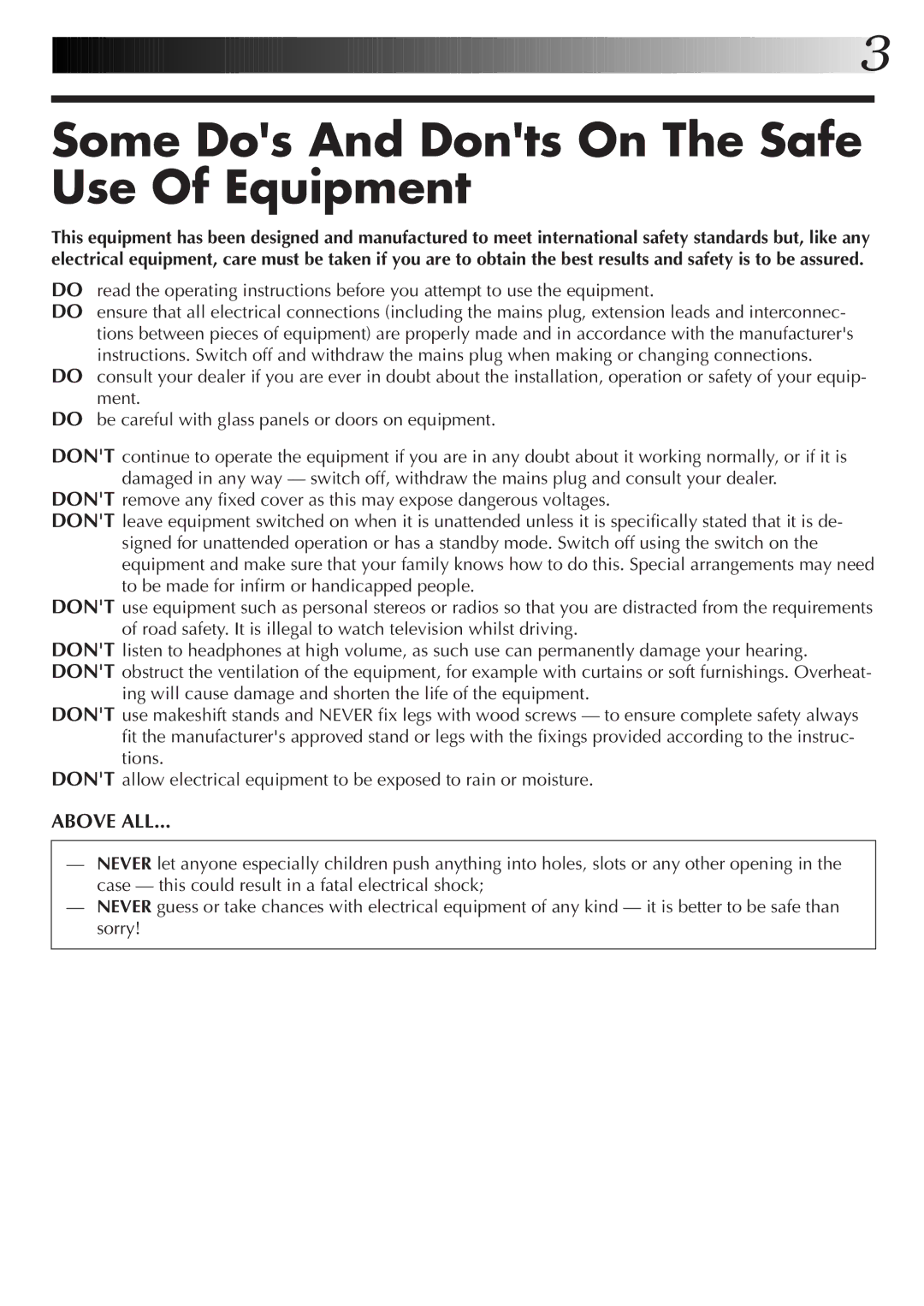 JVC HR-J256EK, HR-J455EK, HR-J255ES, HR-J255EK setup guide Some Dos And Donts On The Safe Use Of Equipment 