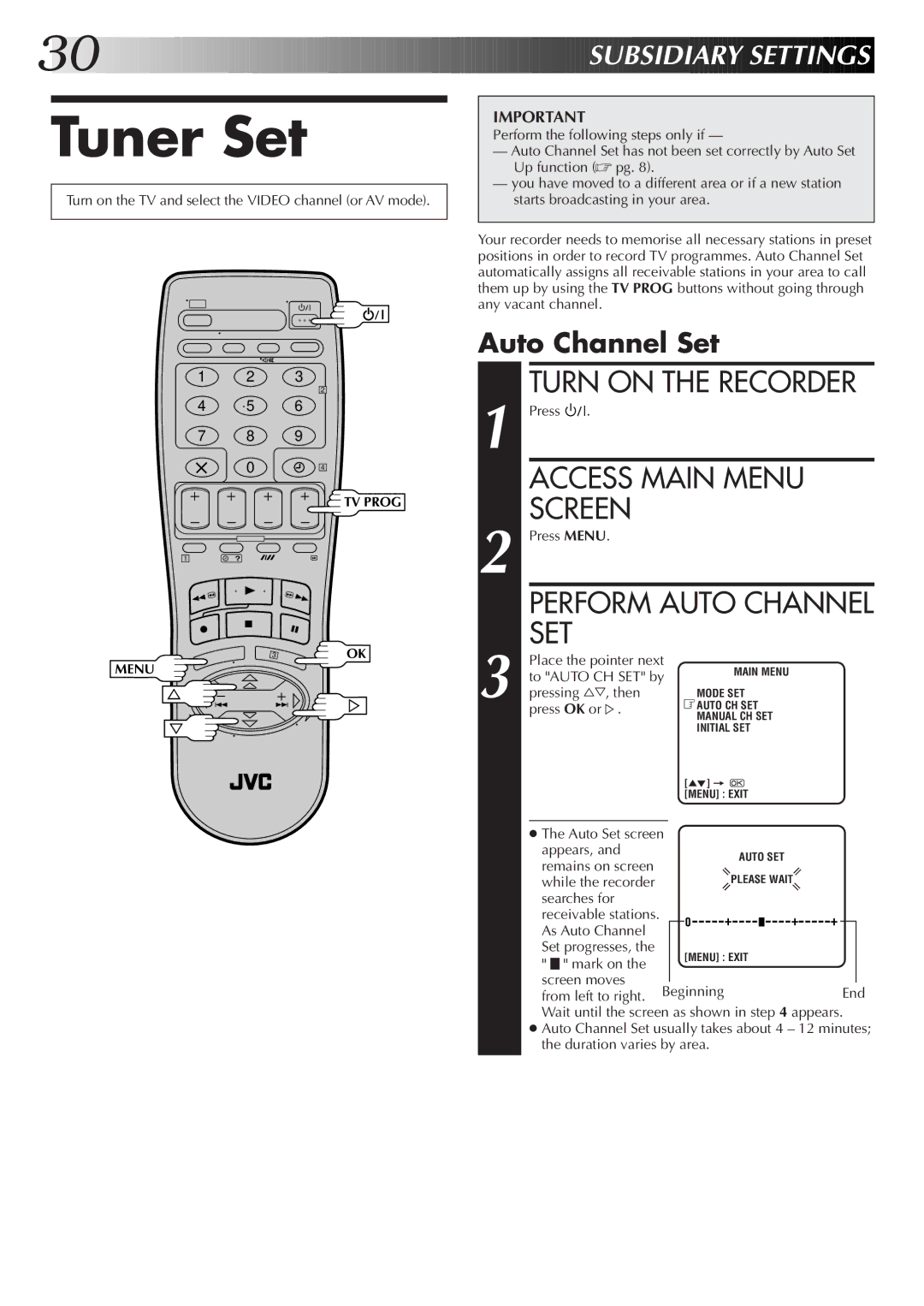 JVC HR-J255EK, HR-J455EK, HR-J255ES, HR-J256EK setup guide Tuner Set, Perform Auto Channel SET, Auto Channel Set 