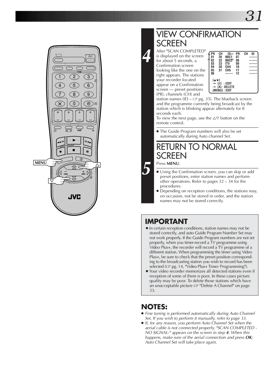 JVC HR-J256EK, HR-J455EK, HR-J255ES, HR-J255EK setup guide View Confirmation Screen 